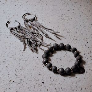 Gray Beaded Bracelet With Gray Leather Fringe Earrings